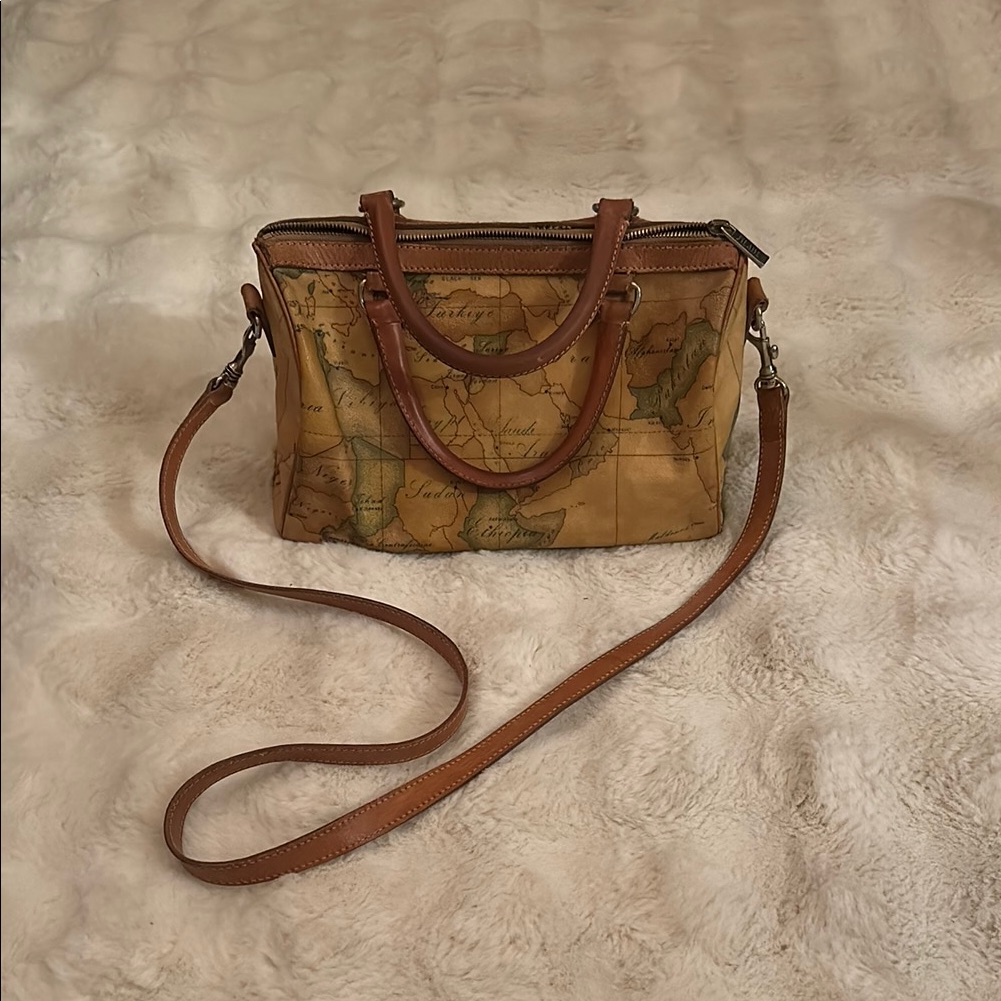 Vintage Map Print Tan Leather Handbag